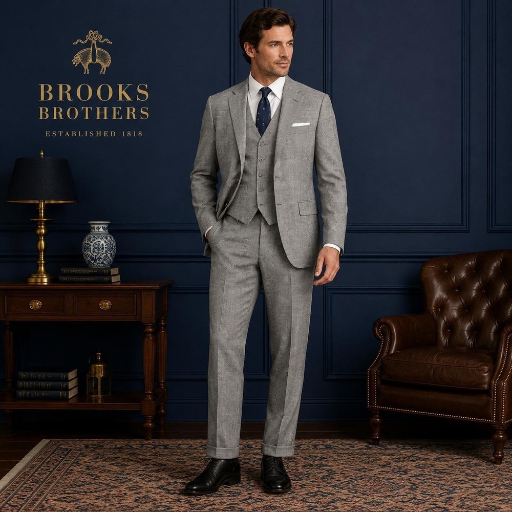 BROOKS BROTHERS Golden Fleece 3pc Suit 43SH Jacket Vest Pants 34x25 Wool USA VTG
